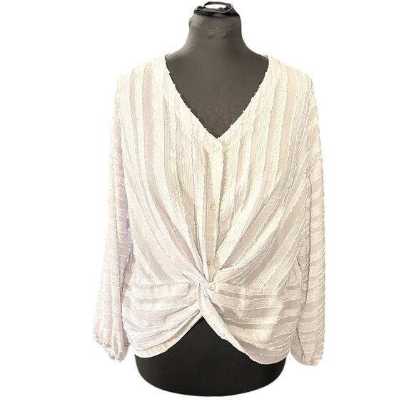 Entro Gray Sheer Blouse Textured Twist Front Long Puff Sleeve Size L - Picture 1 of 9